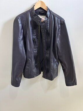 Vintage Frida G Purple Faux Leather Moto Jacket Pleated Front L